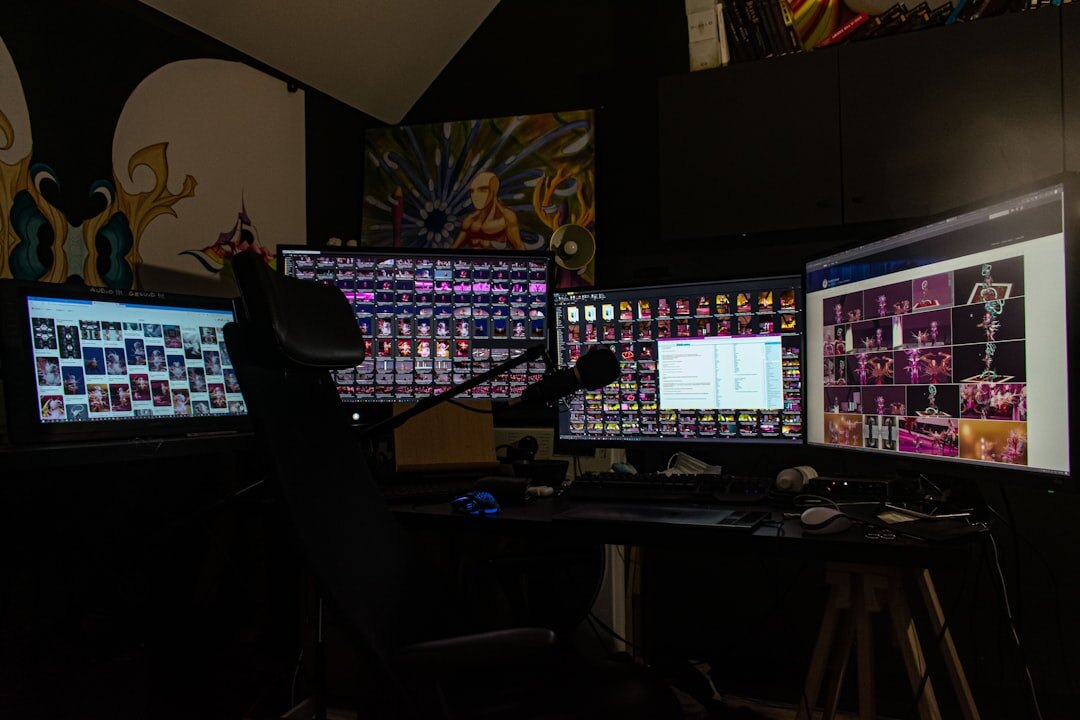 Video production control room with multiple monitors showing camera feeds